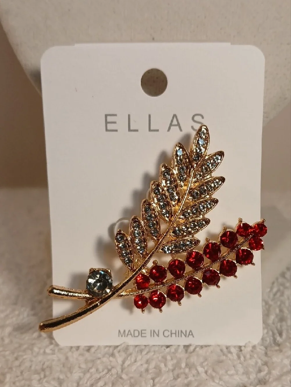 Ellas Gold-Tone Leaf Brooch with Red and Clear Crystals